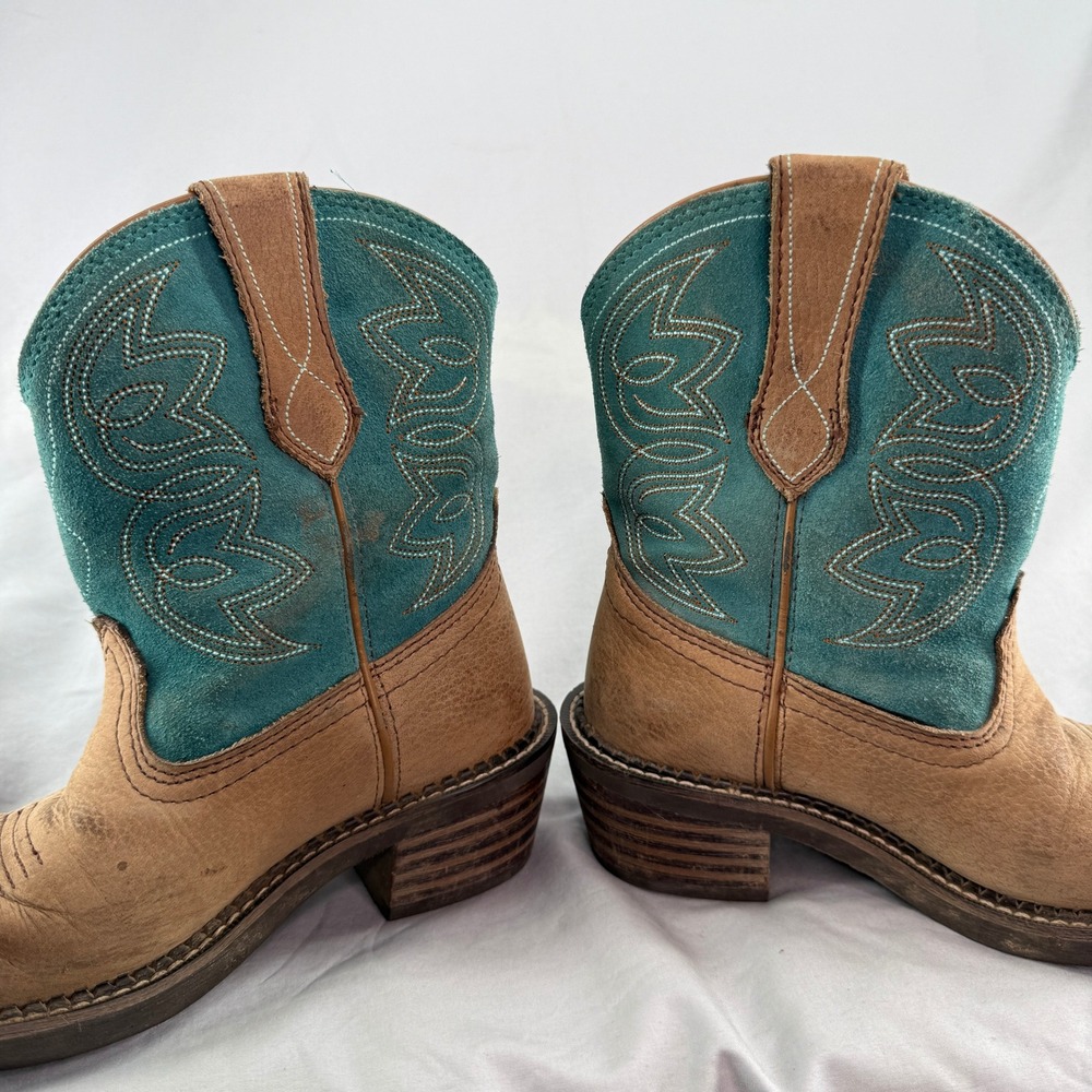 Ariat Womens Brown Leather Teal Suede Square Toe 6B Western Cowgirl Boots - Picture 4 of 9